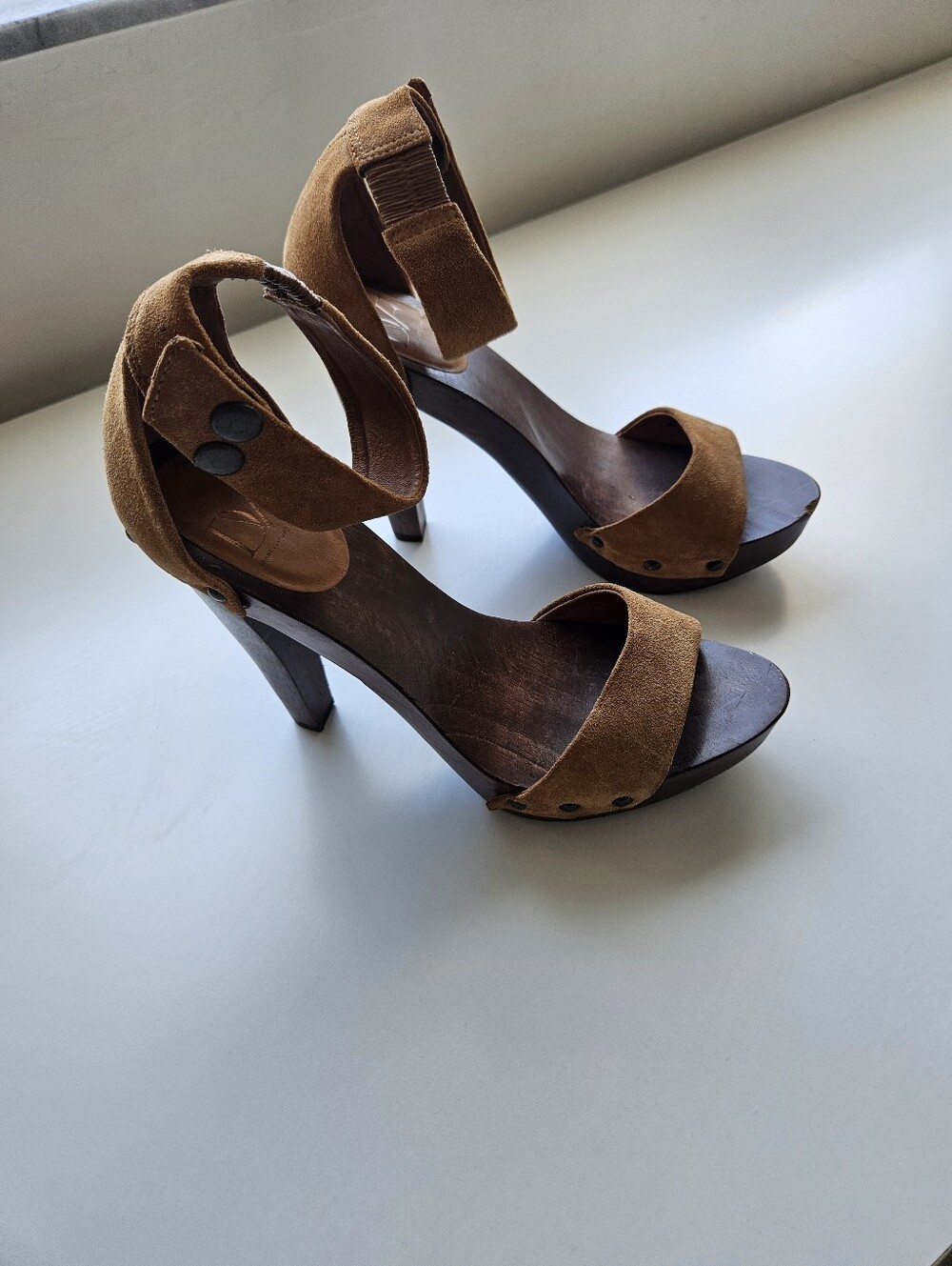 DVF Suede Caramel Wooden High Heel Ankle Strap Sandals - Picture 6 of 14